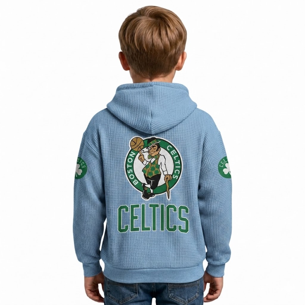 Boston Celtics EST 1946 Printed Waffle Quarter Zip Basketball Fan Hoodie For Kids