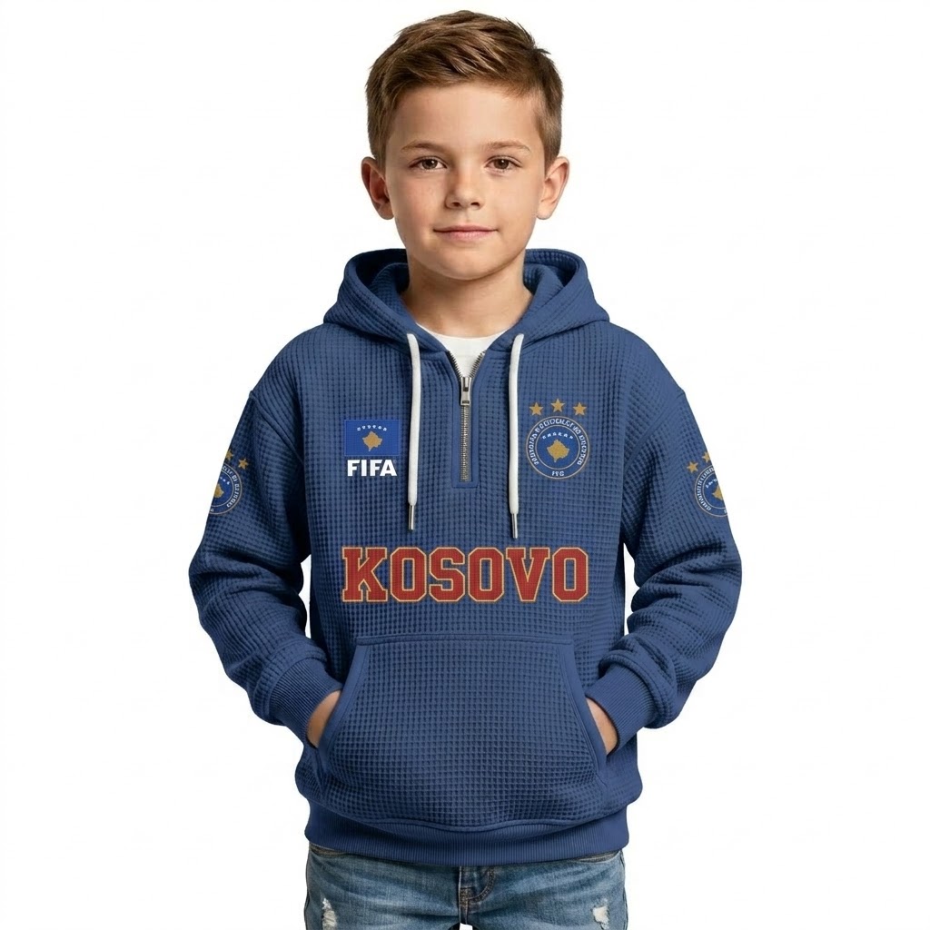 FIFA 2026 Kosovo Printed Waffle Quarter Zip Football Fan Hoodie For Kids