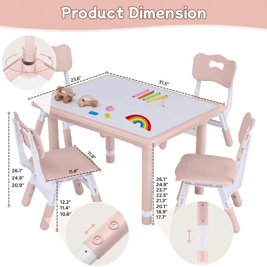Toddler Table And Chair Set, Height Adjustable-Upgrade Kids Desk And 4 Chairs For Ages 3-8, Children's Multi-Activity Table With Graffiti Desktop And Marble Pattern For Home/Daycare/Classroom - Pink Whiteboard - View 5