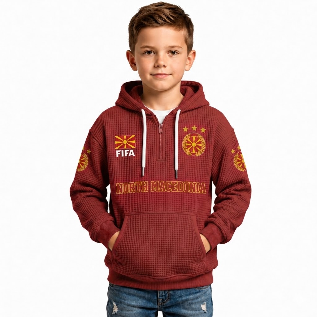 FIFA 2026 North Macedonia Printed Waffle Quarter Zip Football Fan Hoodie For Kids