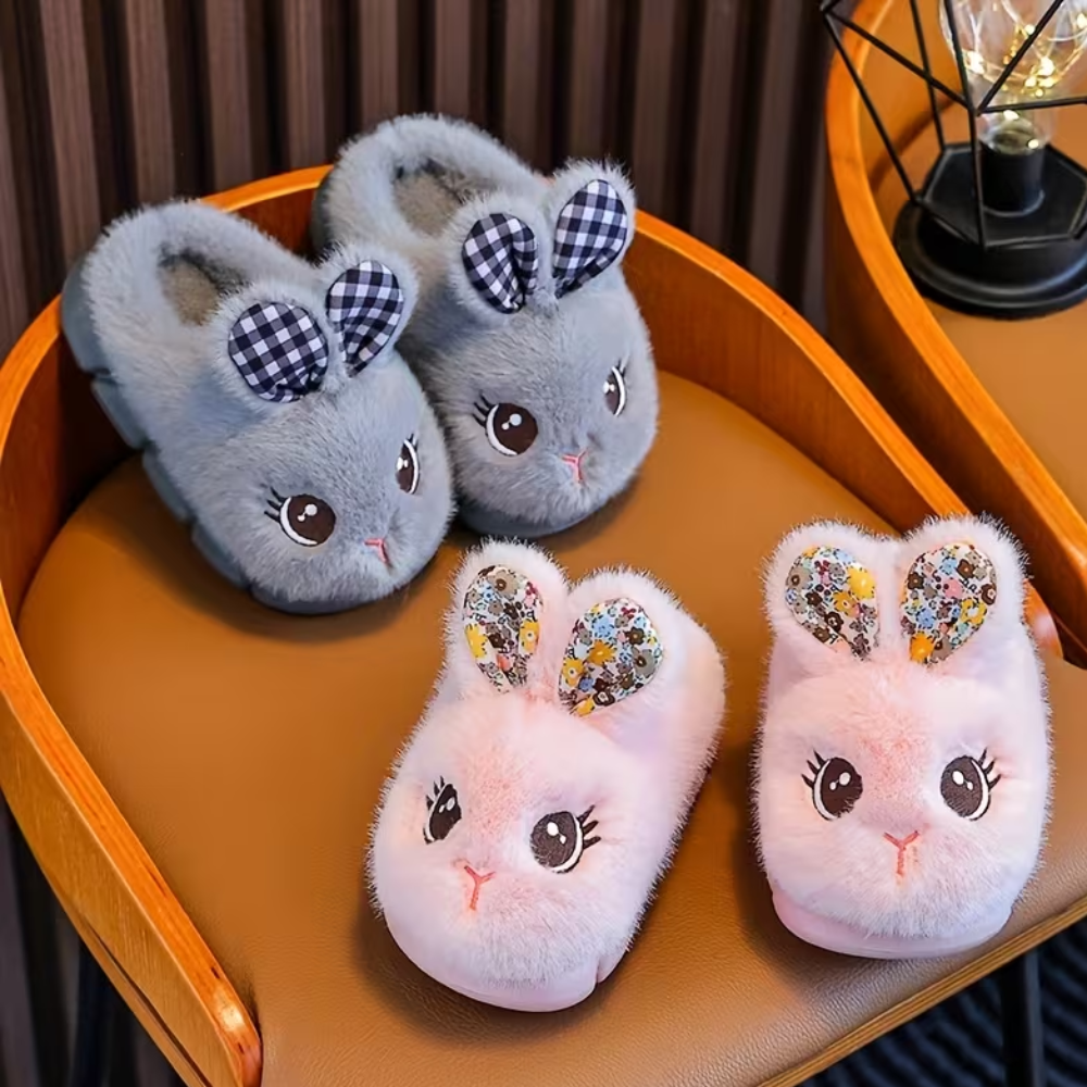 Plush Bunny Slip On Slippers With Warm Lining And PVC Sole For Kids