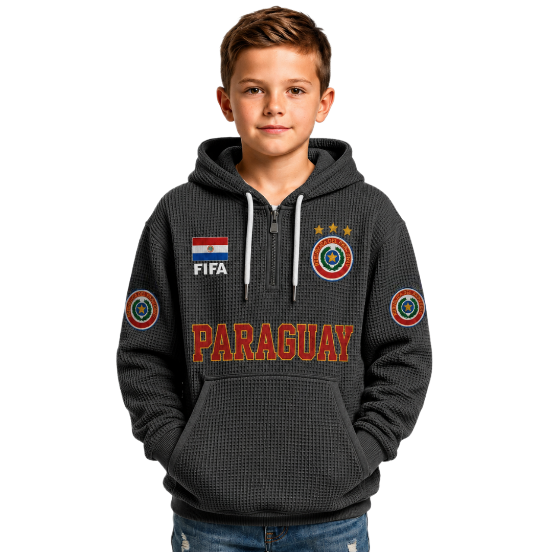 FIFA 2026 Paraguay Printed Waffle Quarter Zip Football Fan Hoodie For Kids