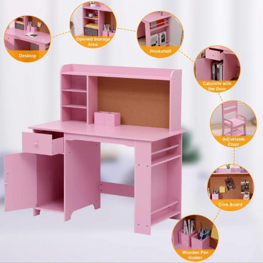 Huisuilinss Kids Study Desk And Chair Set,Wood Children Study Table,Student Writing Table,Computer Workstation With Bookshelf,Bulletin Board And Cabinets For Boys And Girls Ages 3-8 - Pink - View 2