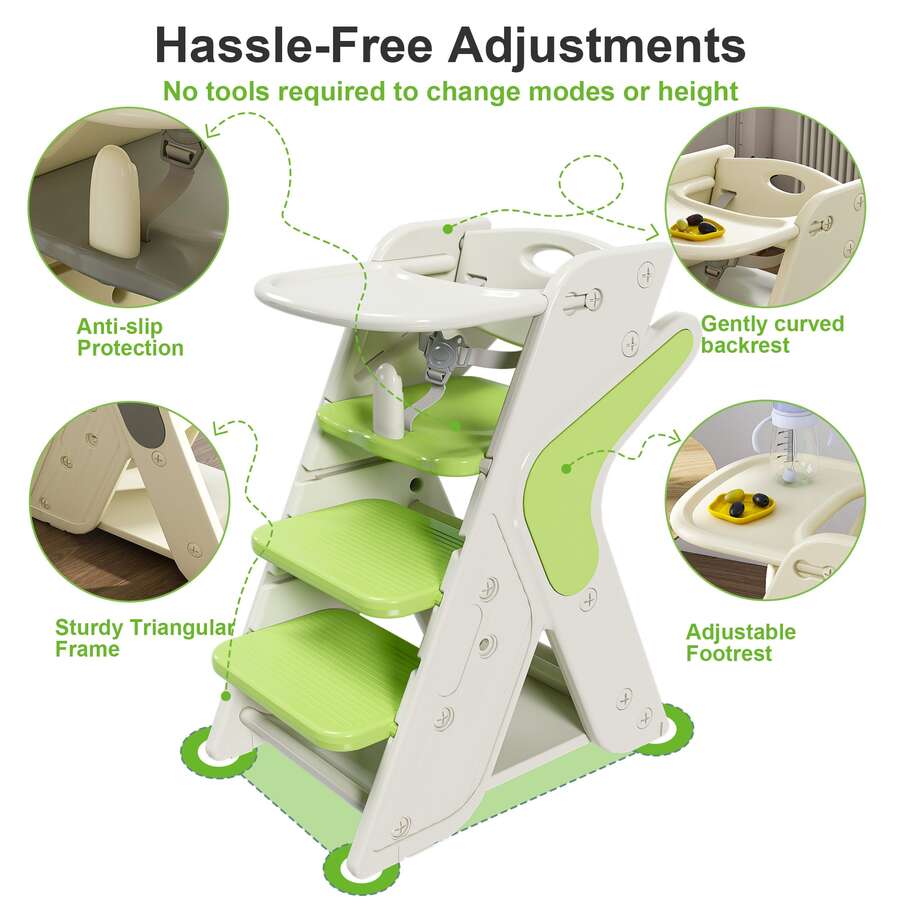 Multi Functional Growing Up Dining Chair , 3-In-1 Convertible Toddler High Chair & Kitchen Learning Tower &ndash; 5-Point Harness,HDPE Baby Booster Seat, Anti-Slip Step Stool For Eating Feeding Cooking - Green+White - View 3