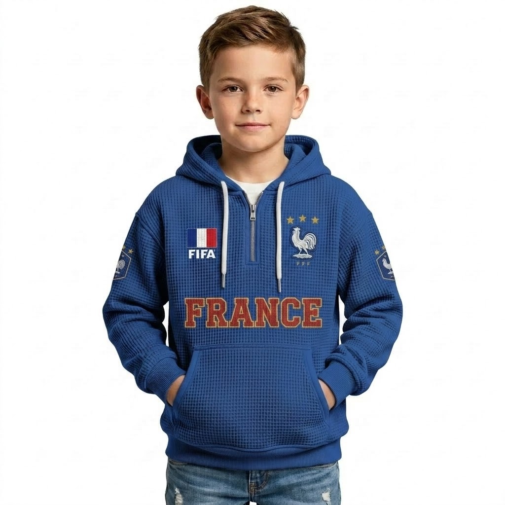 FIFA 2026 France Printed Waffle Quarter Zip Football Fan Hoodie For Kids