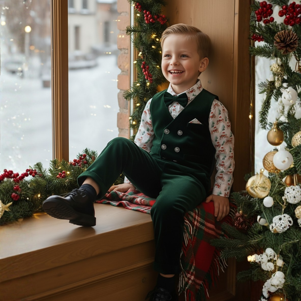 3 Piece Vest Shirt With Bow Tie And Pant Set For Boys