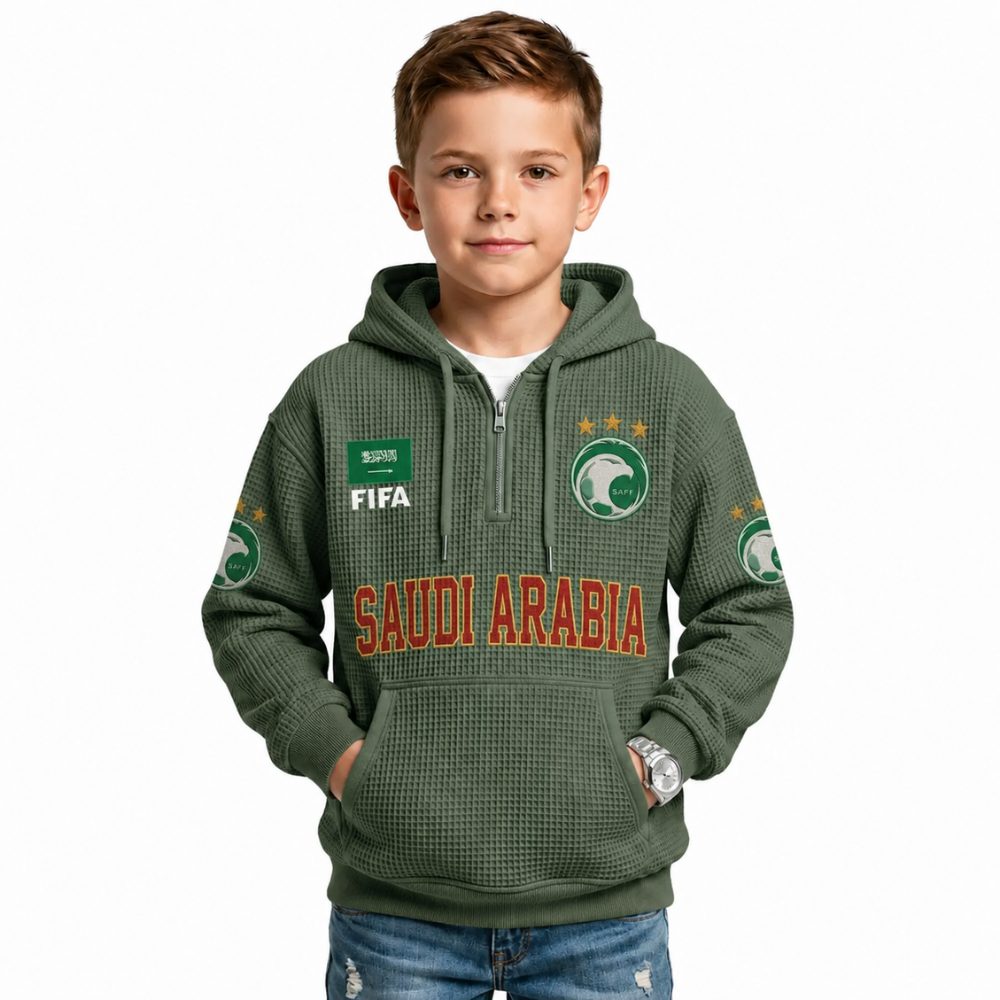 FIFA 2026 Saudi Arabia Printed Waffle Quarter Zip Football Fan Hoodie For Kids