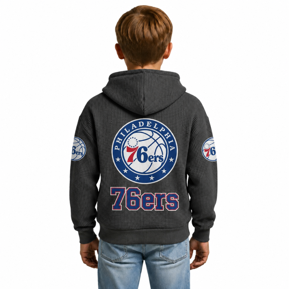 Philadelphia 76ers EST 1946 Printed Waffle Quarter Zip Basketball Fan Hoodie For Kids