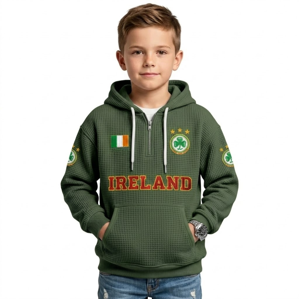 Ireland Printed Waffle Quarter Zip Football Fan Hoodie For Kids