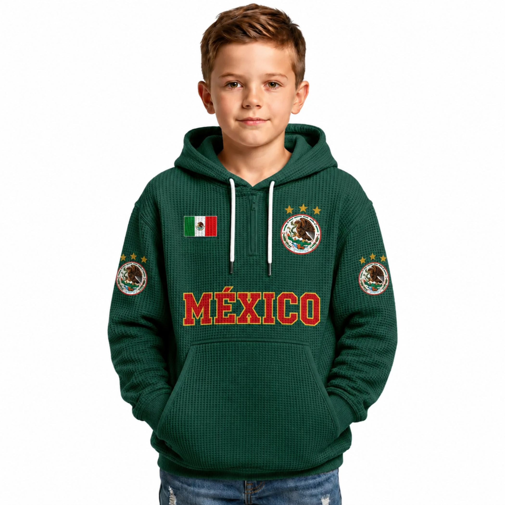 Mexico Printed Waffle Quarter Zip Football Fan Hoodie For Kids