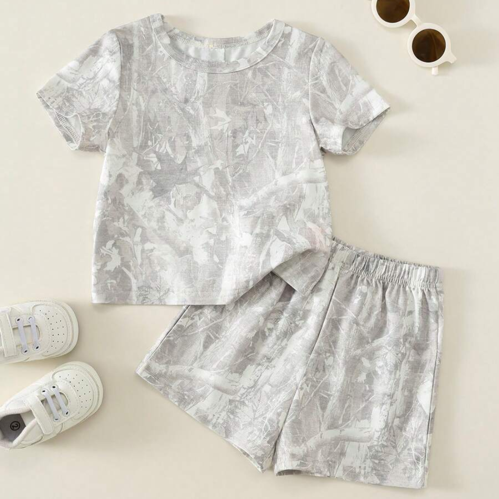 Two Piece Short Sleeve Slogan T Shirt And Camo Shorts Set For Babies
