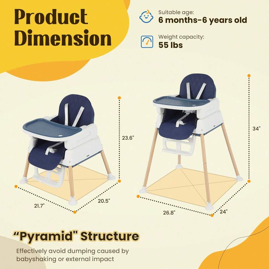 Baby High Chair,7-In-1 Foldable Baby High Chair For 0-36 Months - 5 Height Adjustable Convertible Infant Toddler Feeding Chair, Removable Easy-Clean Tray & Swivel Wheels, Soft PU Seat High Chair With Safety Harness, Multi-Stage High Chair For Home Dining, Travel & Small Spaces,Blue & Gray - Blue - View 4