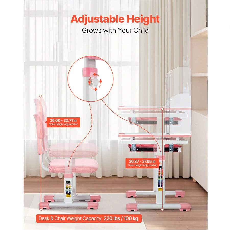 Children's Study Chair And Desk Set, Children's Study Desk And Chair With Bookshelf And Storage Drawer, Children's Study Desk And Chair With Adjustable Height, 0-40&deg; Tilting Tabletop Desk And Chair, Children's Study Desk, Suitable For Bedroom And Study Room, Pink, Blue - Height-adjustable Children's Study Table and Chair, Children's Study Table, Pink - View 2