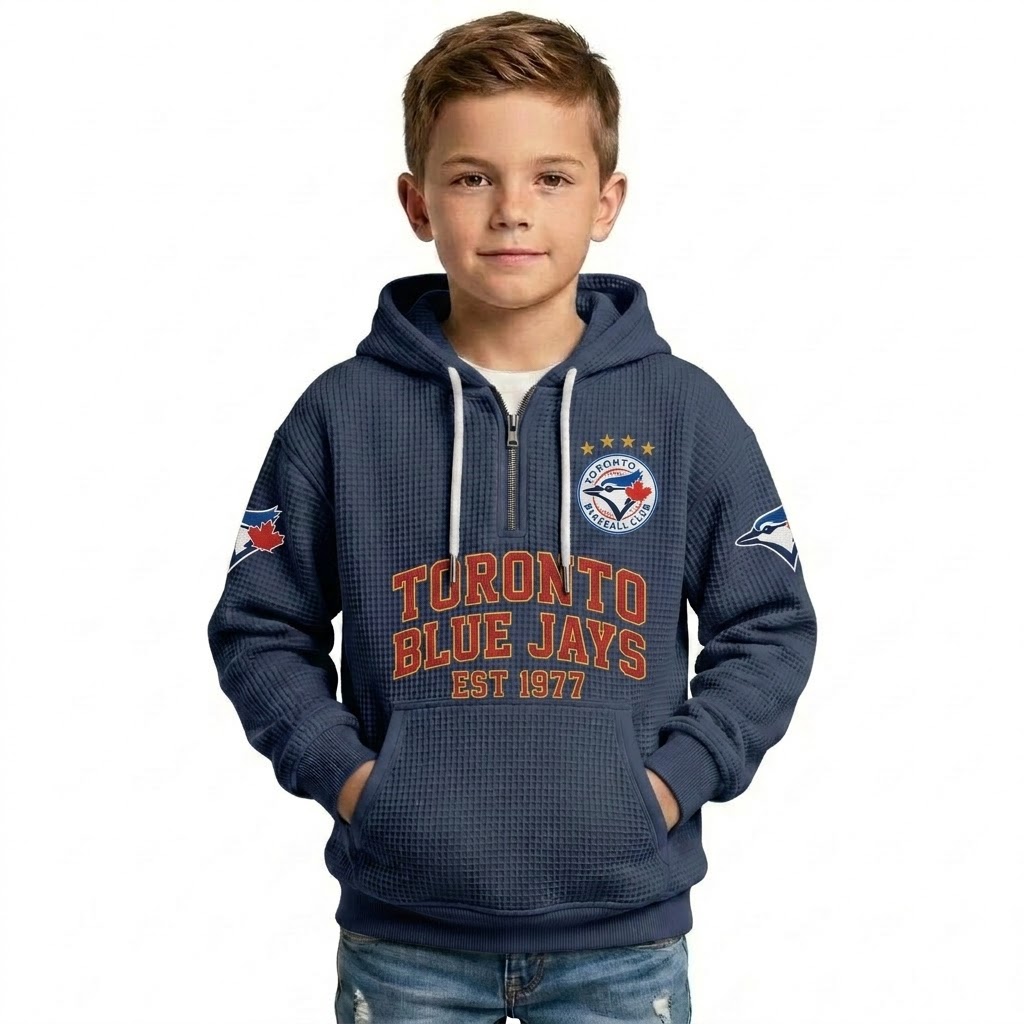 Toronto Blue Jays EST 1977 Printed Waffle Quarter Zip Baseball Fan Hoodie For Kids