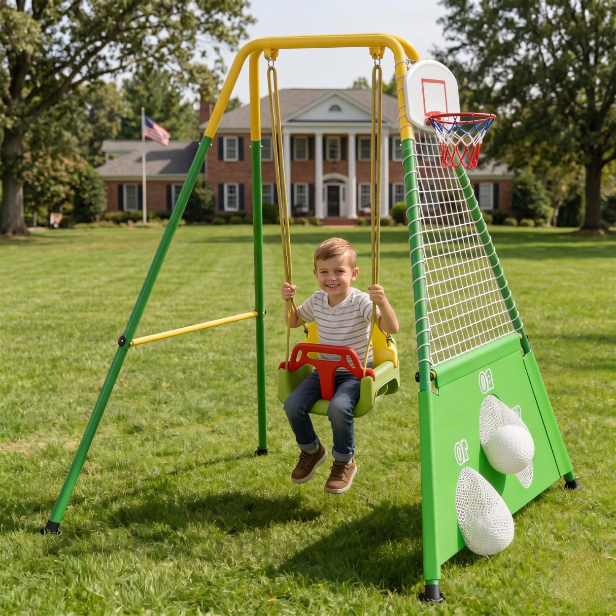 Three In One Toddler Swing Set Basketball Hoop Soccer Goals Foldable Metal Stand For Kids