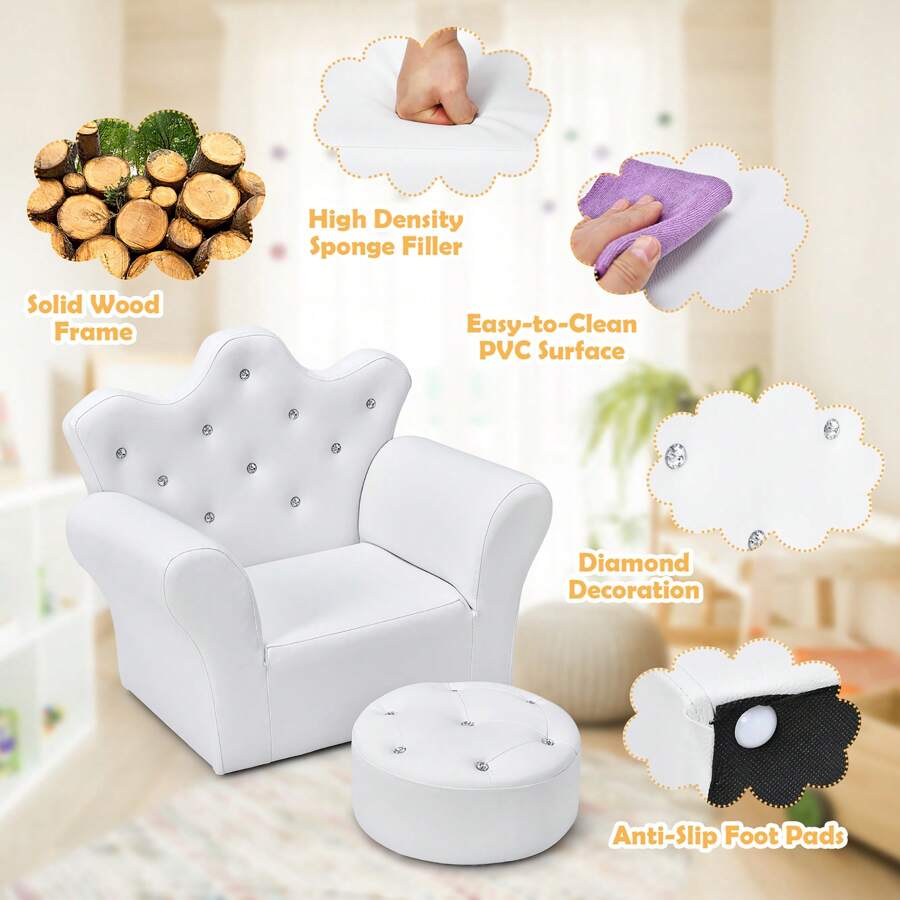 Kids Sofa Toddler Couch Princess Armchair Children Gift With Ottoman White/Pink - White - View 8