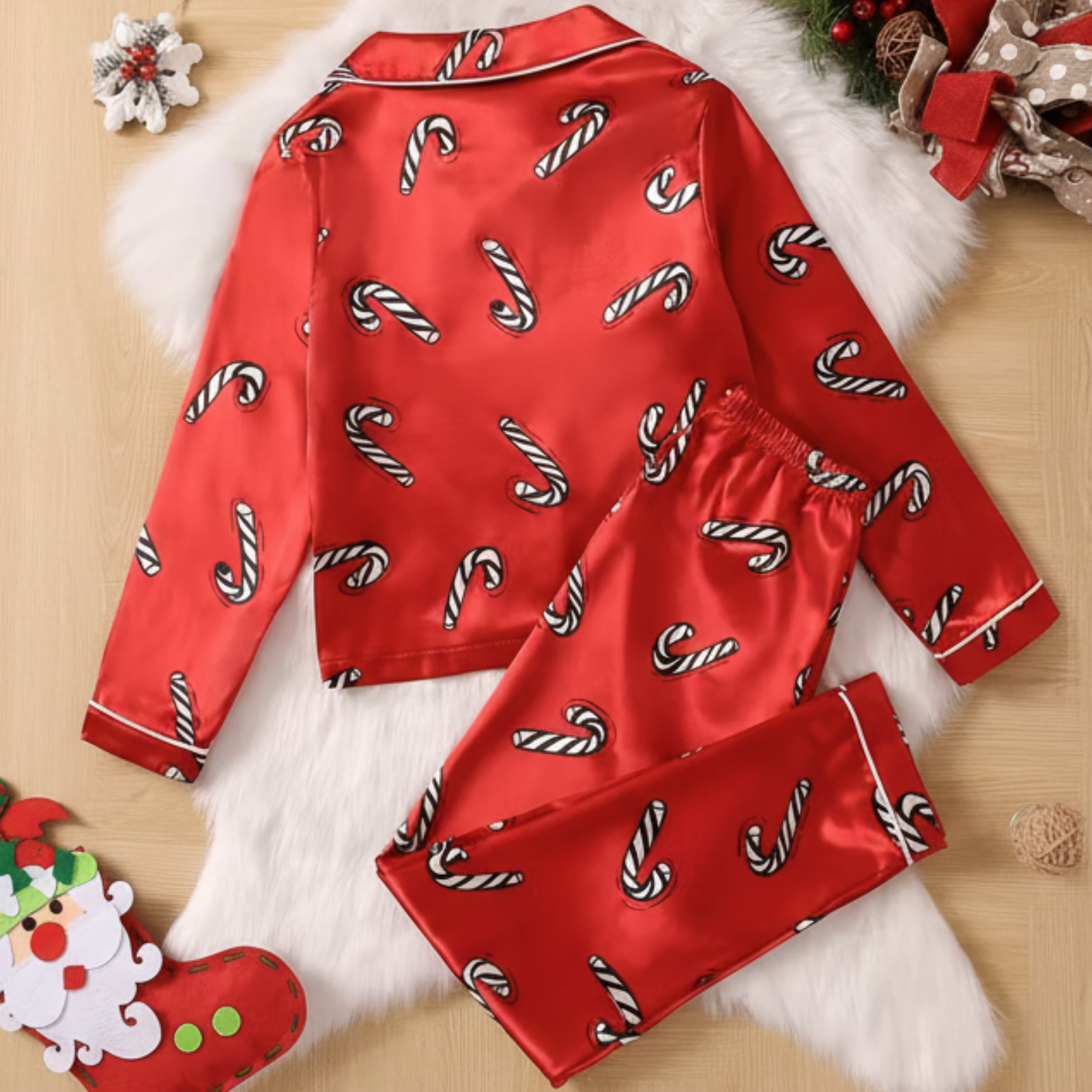 Candy Cane Themed Satin Christmas Pajama Set For Kids
