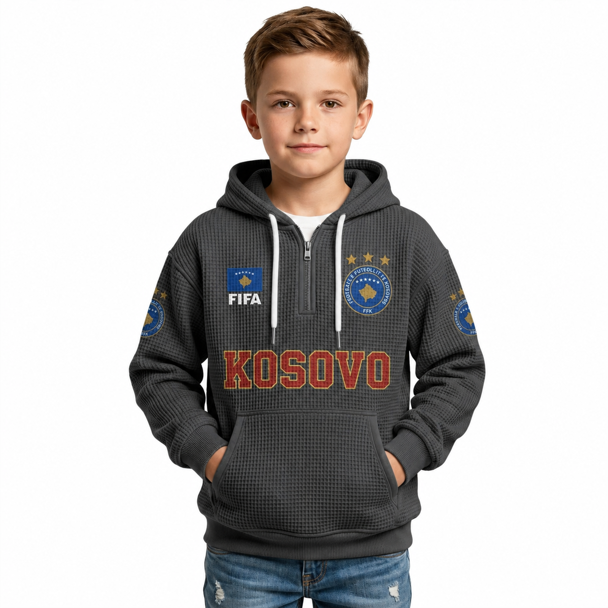 FIFA 2026 Kosovo Printed Waffle Quarter Zip Football Fan Hoodie For Kids