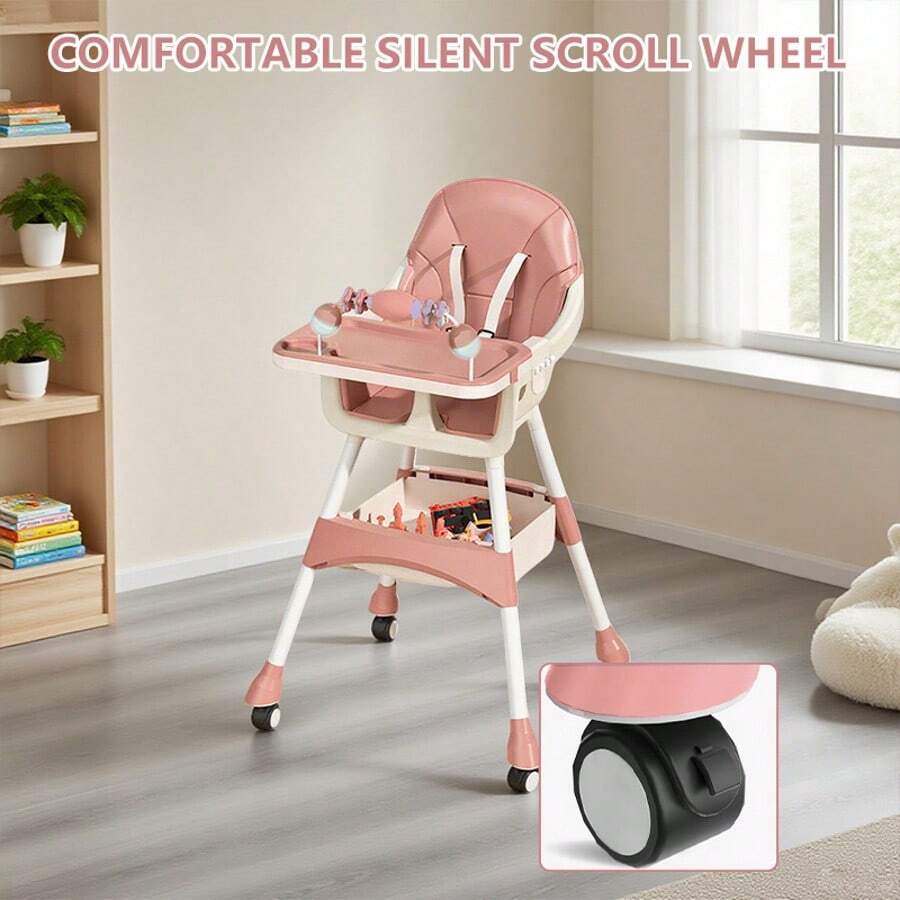 Virplik High Chair For Babies And Toddlers, Portable Multi-Functional Feeding Chair With Lock Wheels, Easy Clean Design, Comfortable Seat & Toy Storage Basket - Pink - View 8