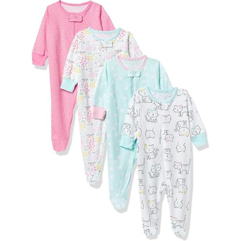 Pack of 4 Cozy Babies Pajamas Set – Cotton Zip Sleepwear for Infants-Diaper Reusable