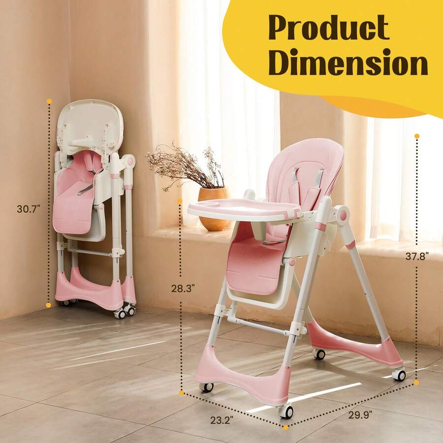Baby High Chair6-In-1 Foldable Baby High Chair For 0-36 Months - 5 Height Adjustable Convertible Infant Toddler Feeding Chair, Removable Easy-Clean Tray & Locking Wheels, Soft PU Seat High Chair With Safety Harness, Multi-Stage High Chair For Home Dining, Travel & Small Spaces, Available In 6 Colors(The Best Christmas Gift For Children) - Peach Cherry Pink + Universal Wheel - View 9
