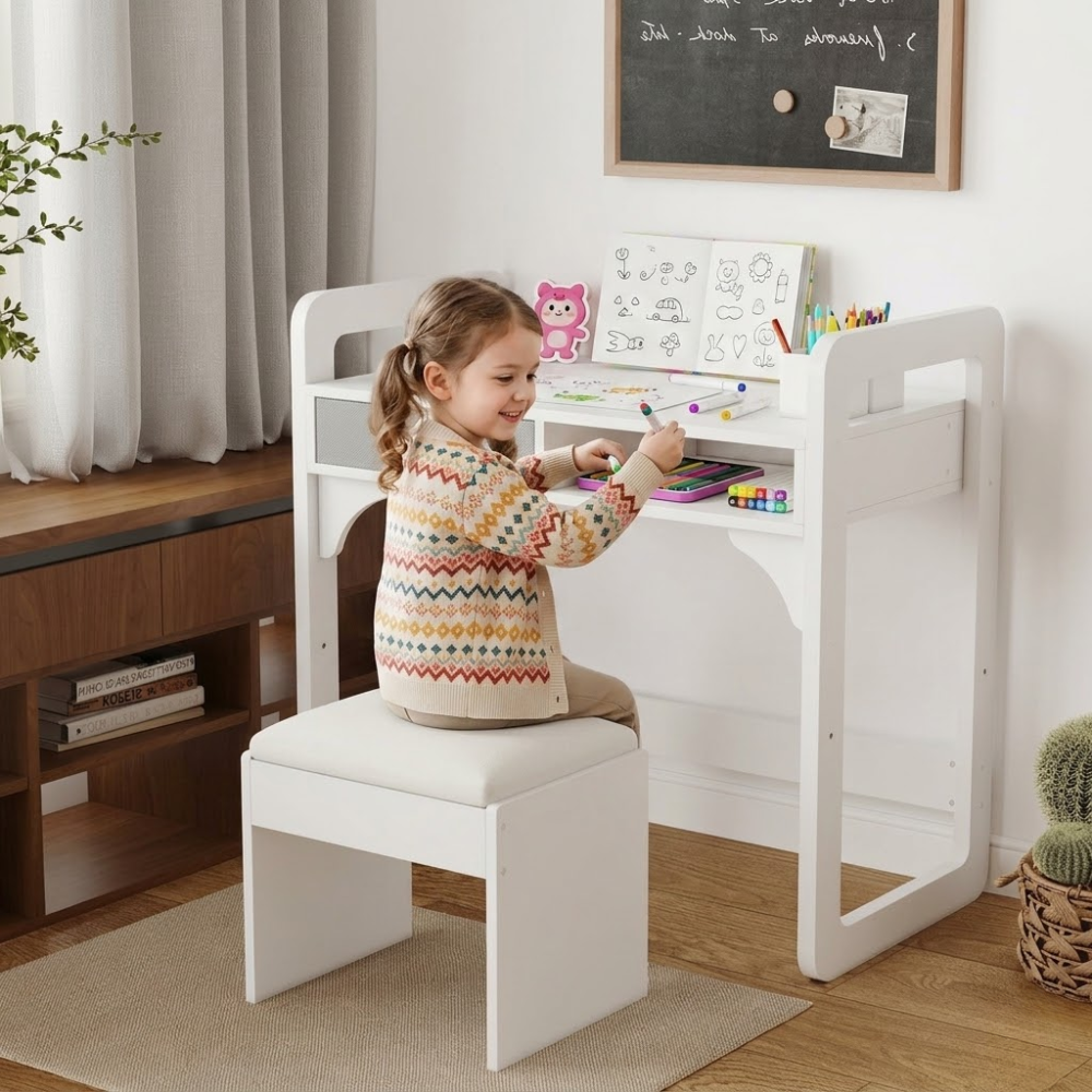 Kids Study Desk And Chair Set With Storage Drawer Soft Stool