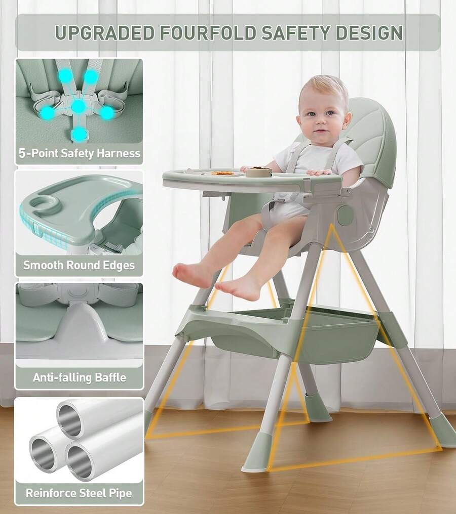 Cochildor 5-In-1 Convertible Baby High Chair - Foldable, Adjustable Height Booster Seat With Removable PU Cushion & Tray | For Babies & Toddlers  | No Wheels | Pink, Beige, Green - Green - View 2