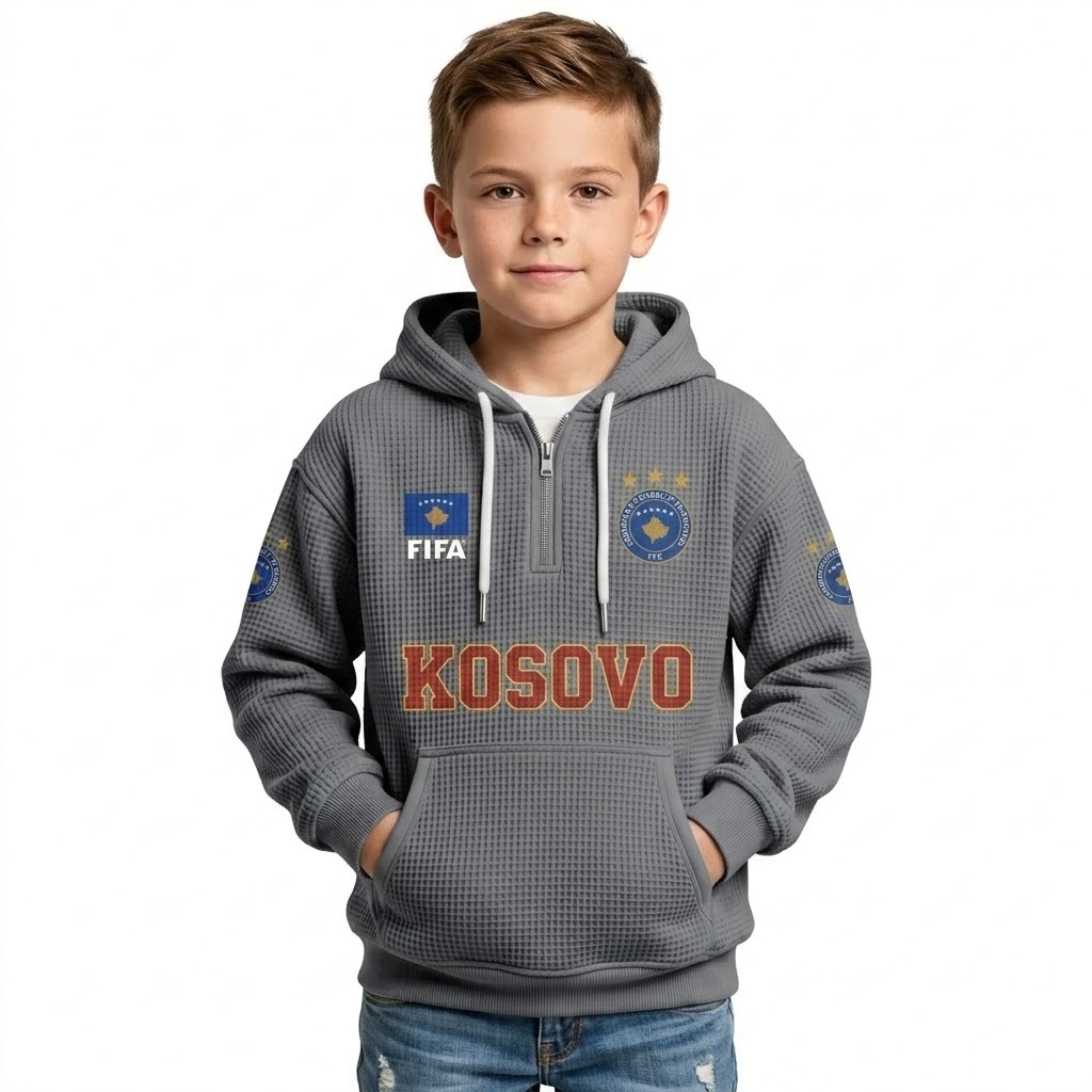 FIFA 2026 Kosovo Printed Waffle Quarter Zip Football Fan Hoodie For Kids