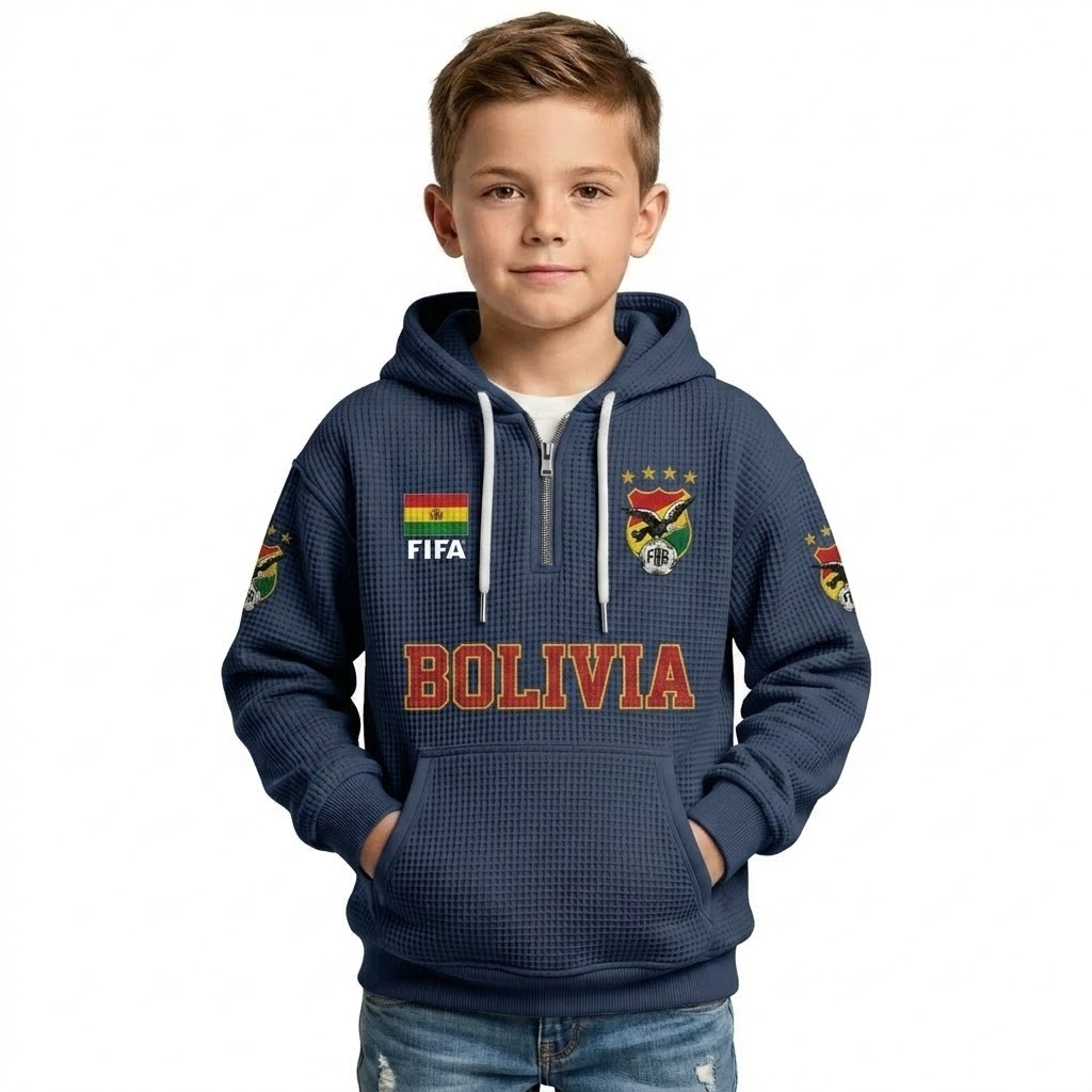 FIFA 2026 Bolivia Printed Waffle Quarter Zip Football Fan Hoodie For Kids