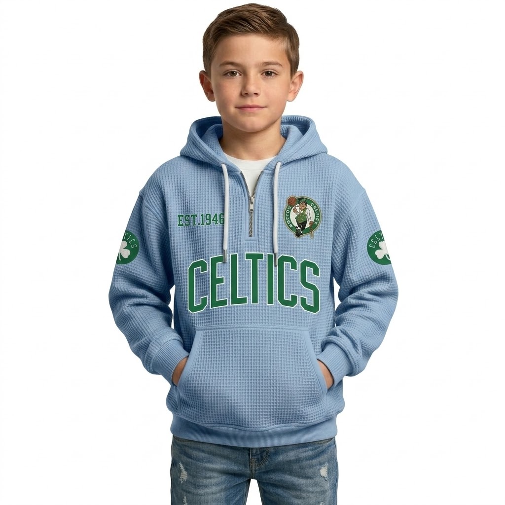 Boston Celtics EST 1946 Printed Waffle Quarter Zip Basketball Fan Hoodie For Kids