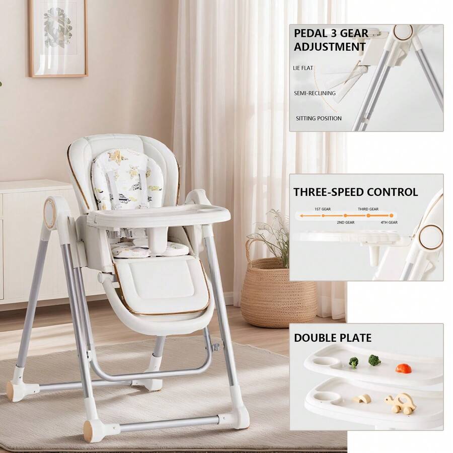 CHIQUERID Baby High Chair,Foldable High Chair ,Adjustable 2-In-1 High Chair&Swing Chair With 4 Locking Wheels/Double Tray For Babies And Toddlers,Comfortable/Easily Meets Baby's Feeding And Resting Needs - White - View 5
