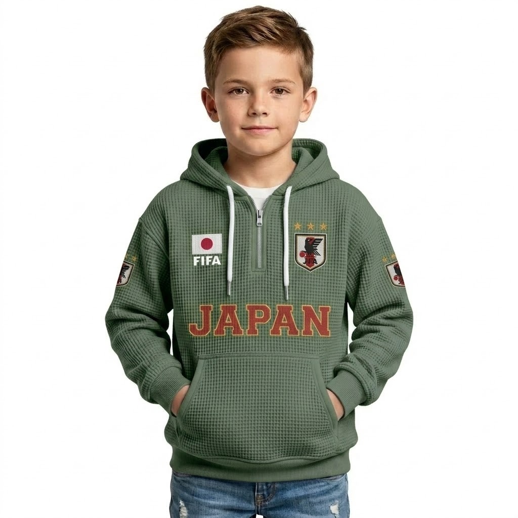 FIFA 2026 Japan Printed Waffle Quarter Zip Football Fan Hoodie For Kids