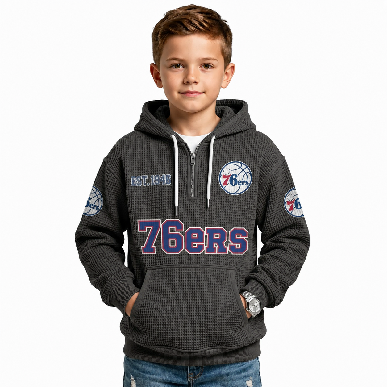 Philadelphia 76ers EST 1946 Printed Waffle Quarter Zip Basketball Fan Hoodie For Kids