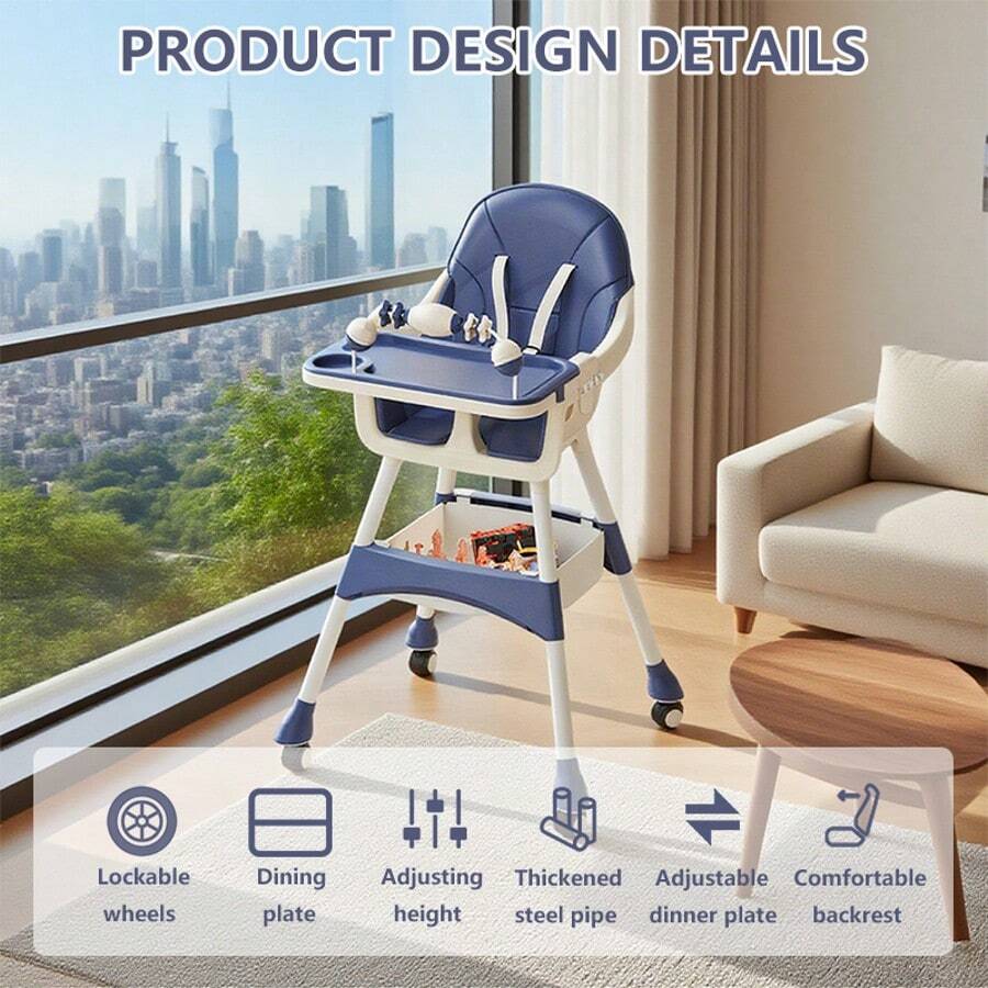Virplik High Chair For Babies And Toddlers, Portable Multi-Functional Feeding Chair With Lock Wheels, Easy Clean Design, Comfortable Seat & Toy Storage Basket - Blue - View 6