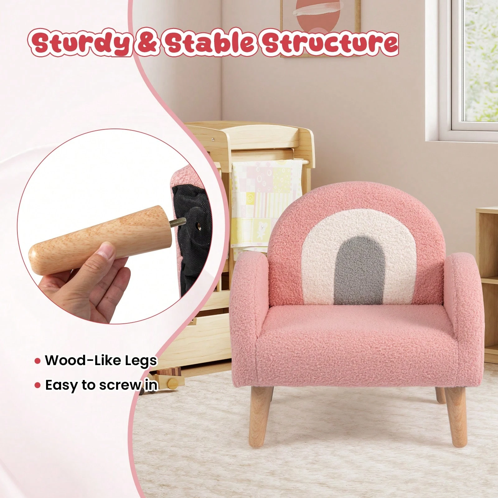 Soft Plush Kids Couch W/Comfy Backrest & Armrests Upholstered Children Floor Sofa - Pink - View 8