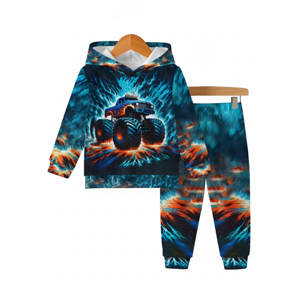 Flame Car Printed Hooded Sweatsuit Set For Boys