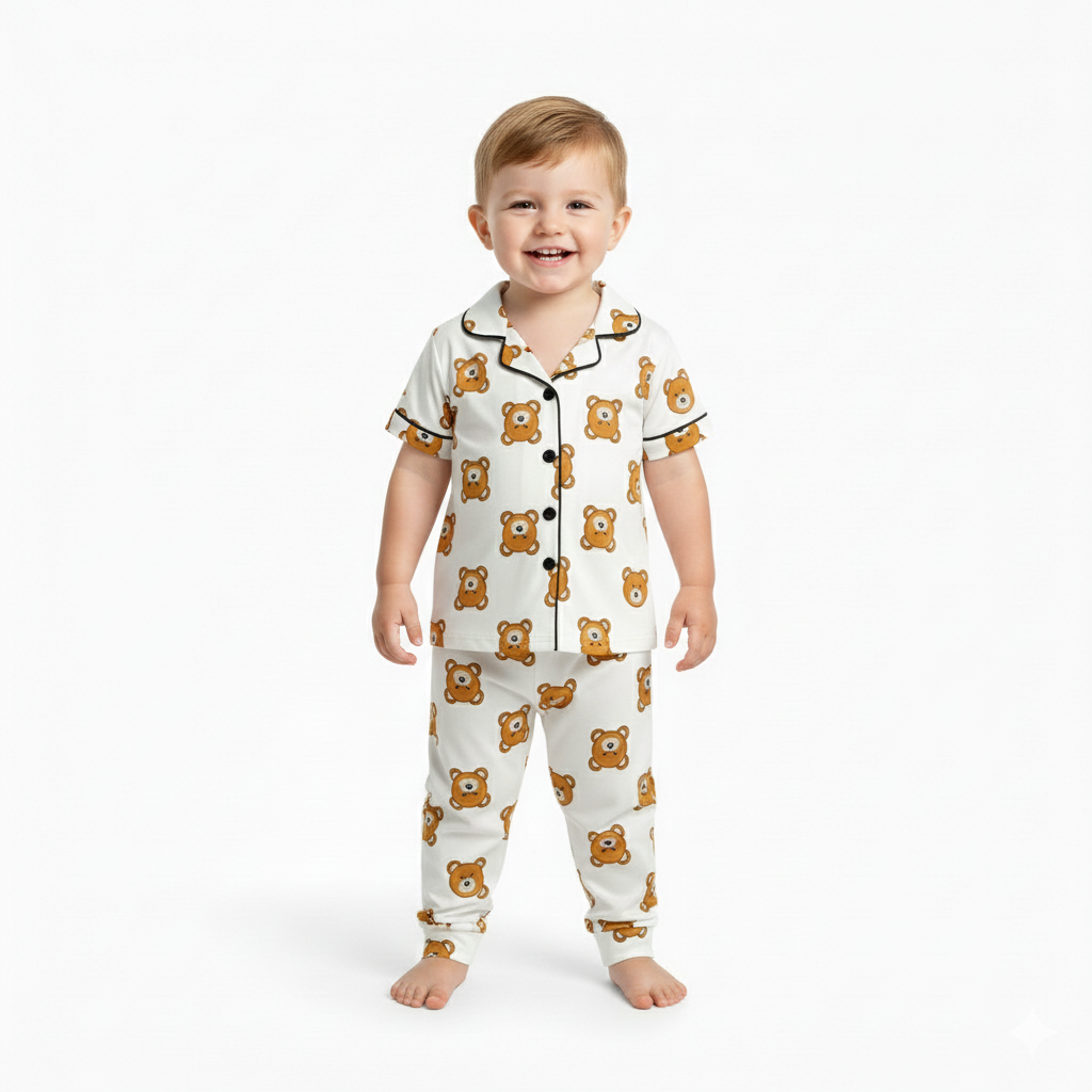 Cartoon Bear Print Casual Pajama Set For Boys