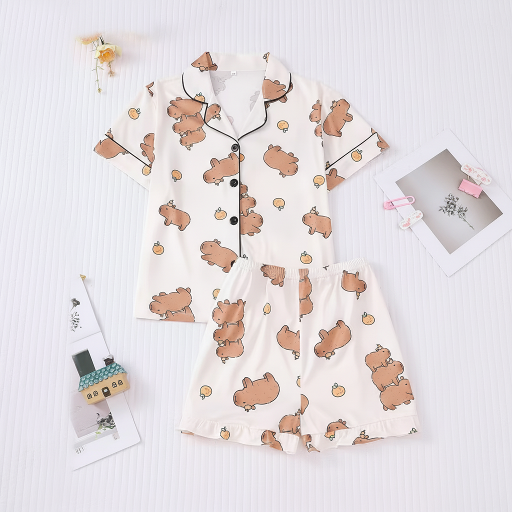 Capybara Bear Print Pajama Set For Kids
