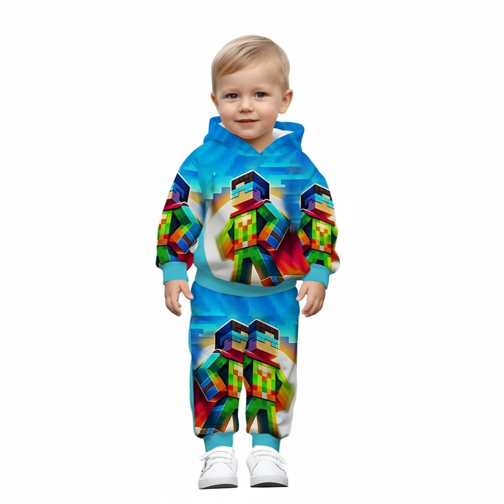 Casual Hooded Sweatshirt And Pants Set With Block Based Game Print For Baby Boy