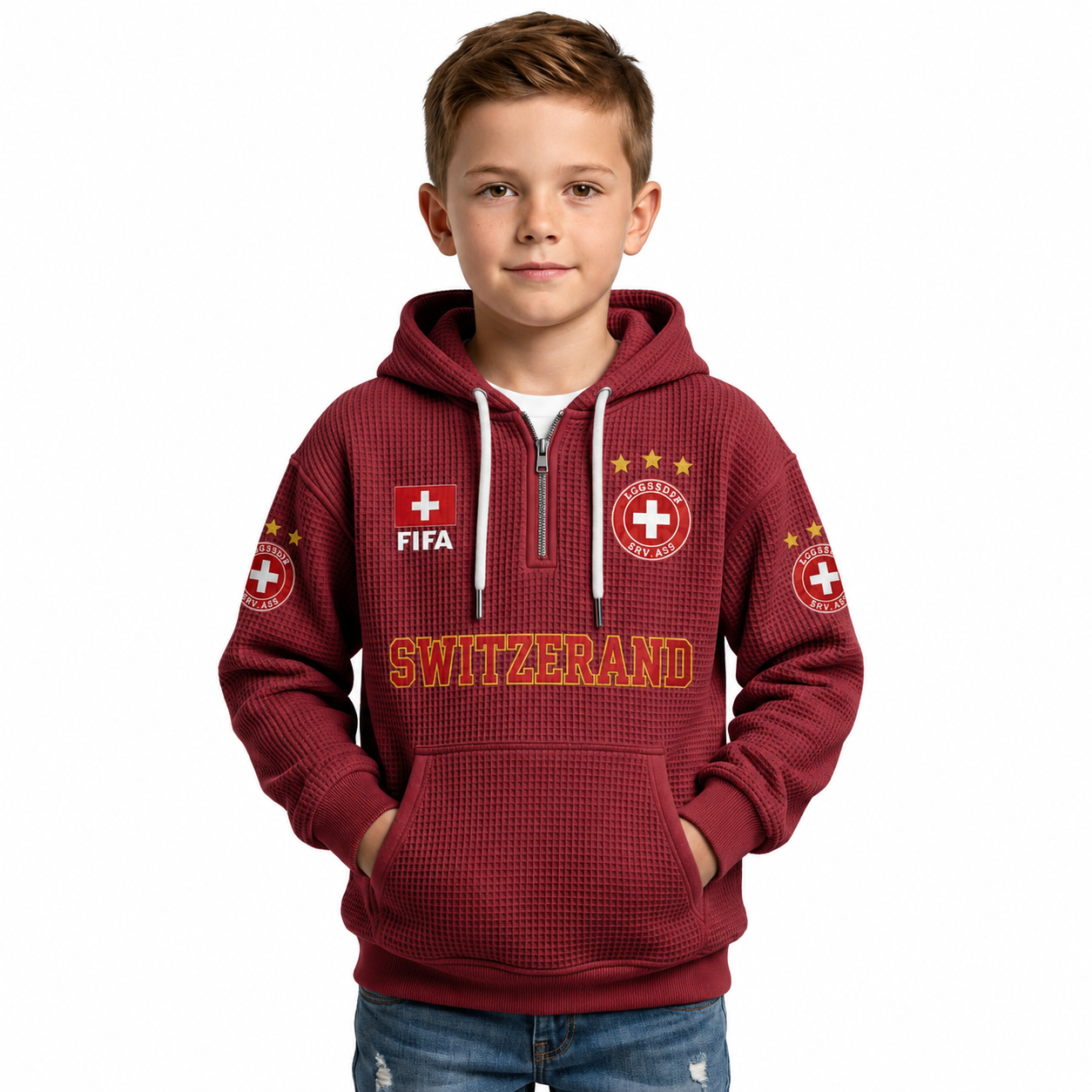 FIFA 2026 Switzerland Printed Waffle Quarter Zip Football Fan Hoodie For Kids