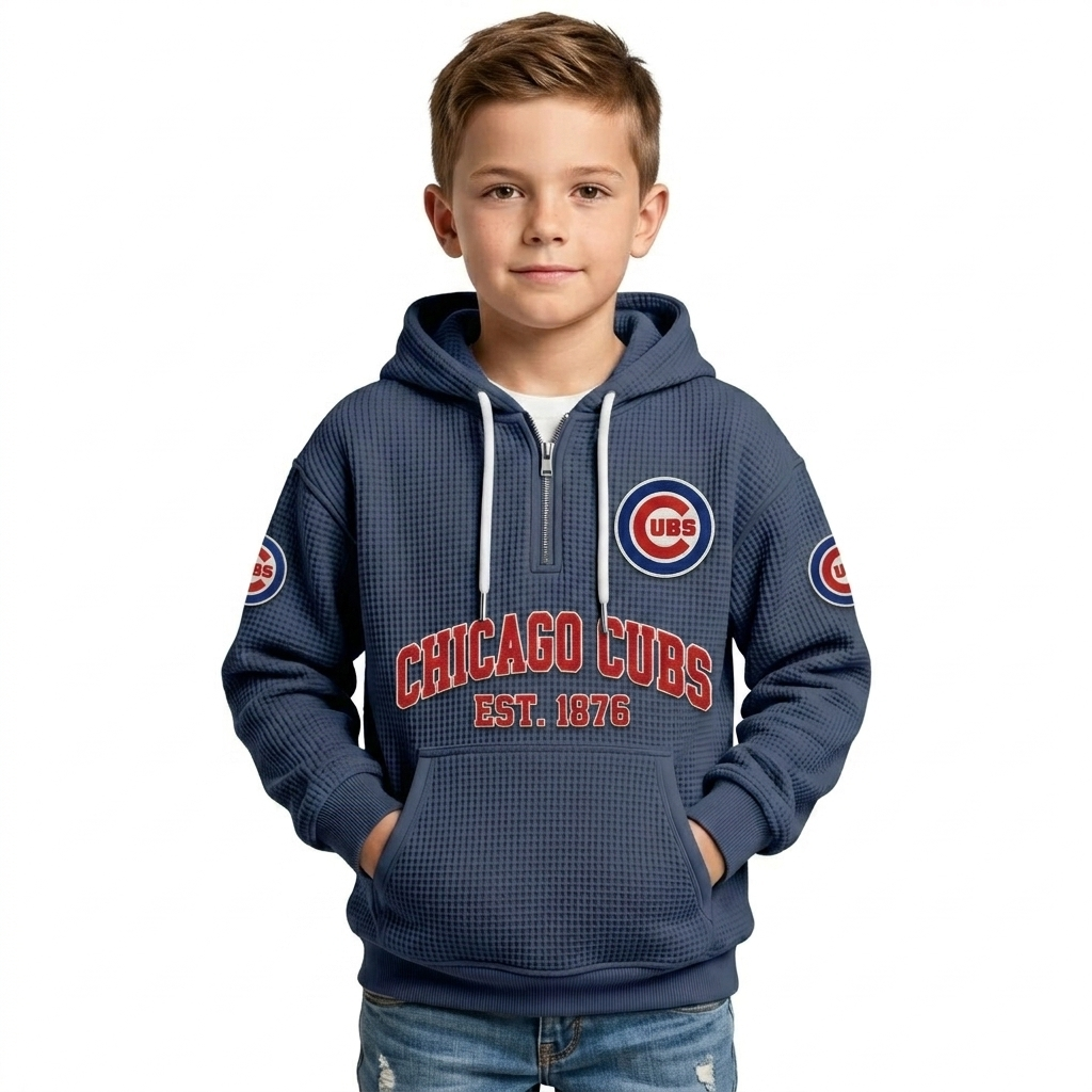 Chicago Cubs EST 1876 Printed Waffle Quarter Zip Baseball Fan Hoodie For Kids