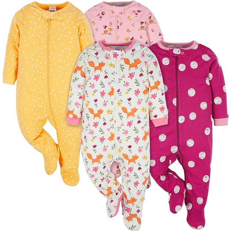 Pack of 4 Cozy Babies Pajamas Set – Cotton Zip Sleepwear for Infants-Diaper Reusable