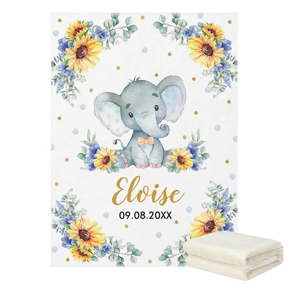 Sunflower Elephant Baby Blanket with Name and Date Print-Diaper Reusable