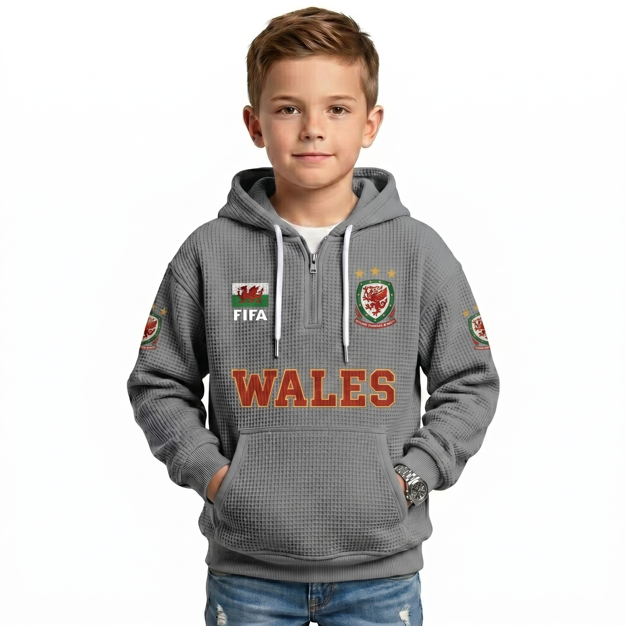 FIFA 2026 Wales Printed Waffle Quarter Zip Football Fan Hoodie For Kids