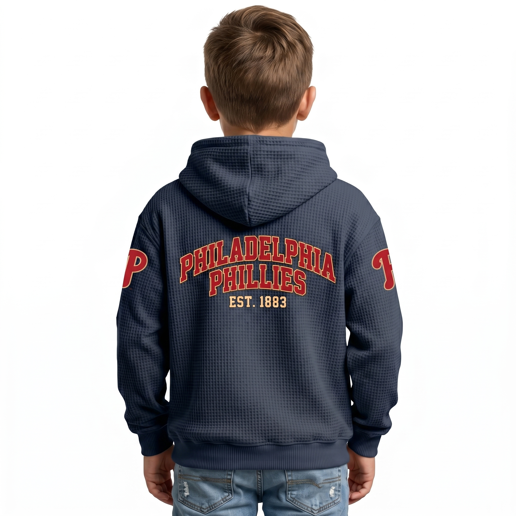 Philadelphia Phillies EST 1883 Printed Waffle Quarter Zip Baseball Fan Hoodie For Kids