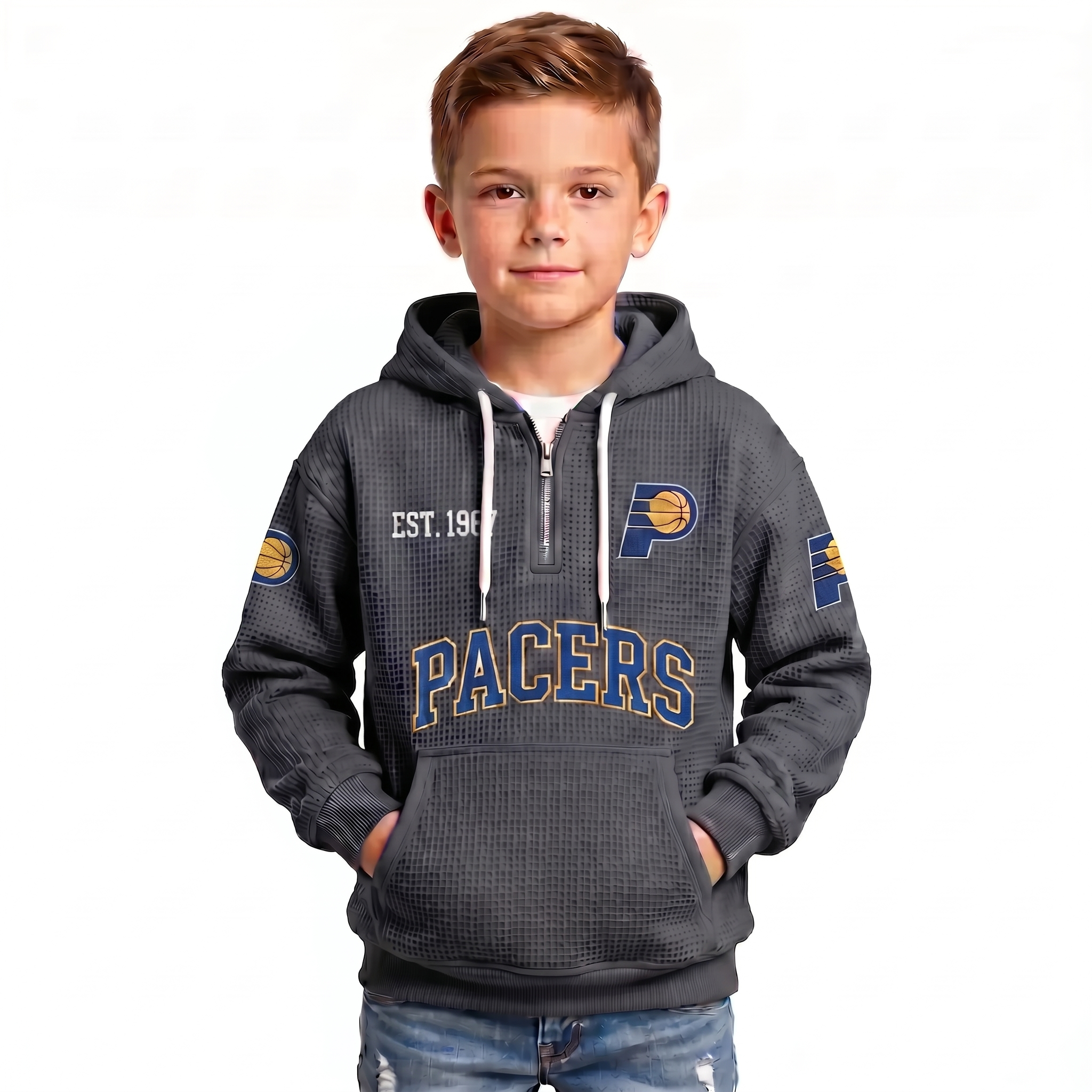 Indiana Pacers EST 1967 Printed Waffle Quarter Zip Basketball Fan Hoodie For Kids