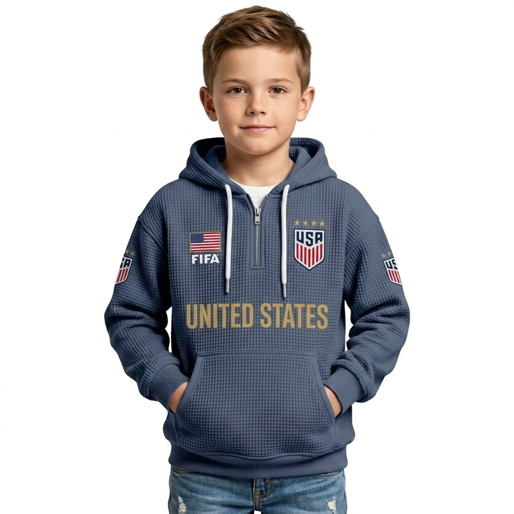 FIFA 2026 United States Printed Waffle Quarter Zip Football Fan Hoodie For Kids
