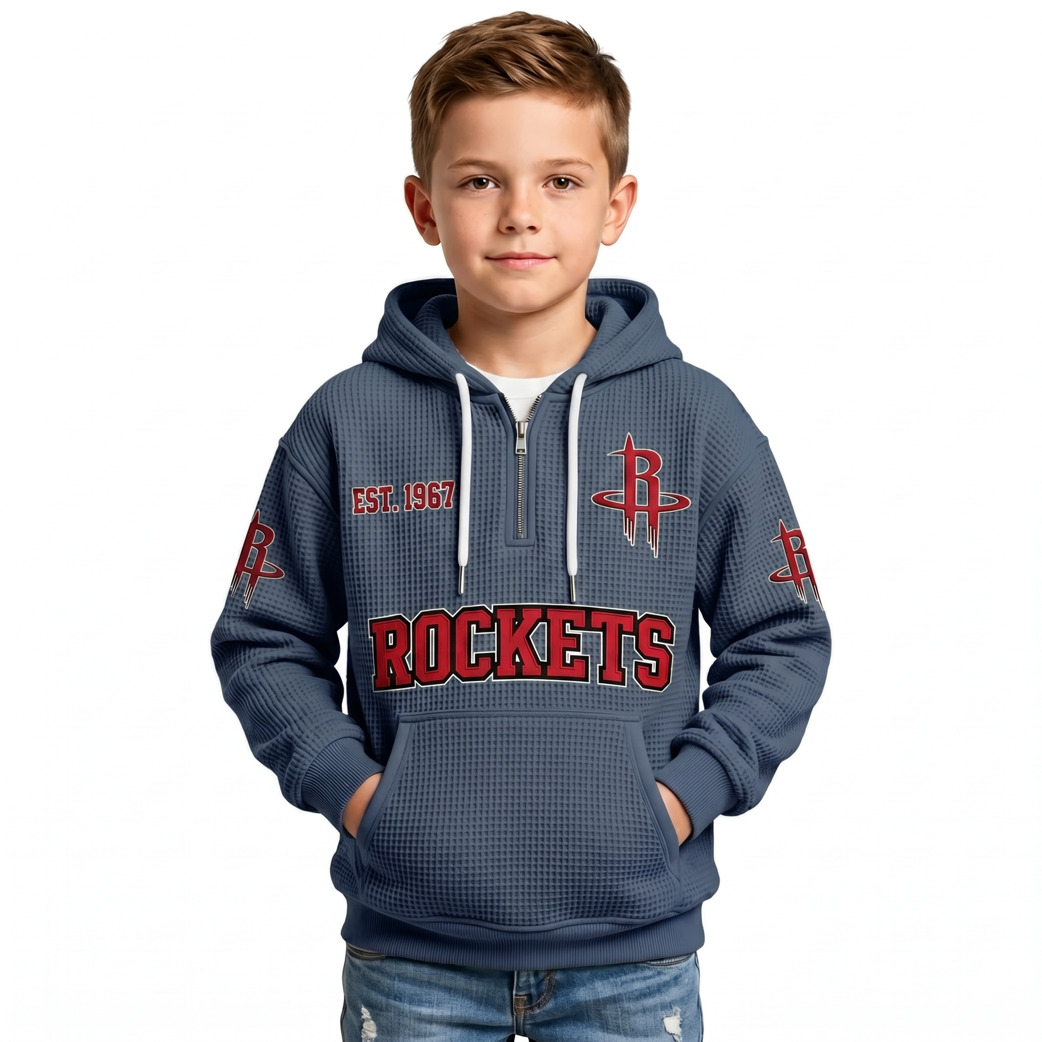Houston Rockets EST 1967 Printed Waffle Quarter Zip Basketball Fan Hoodie For Kids