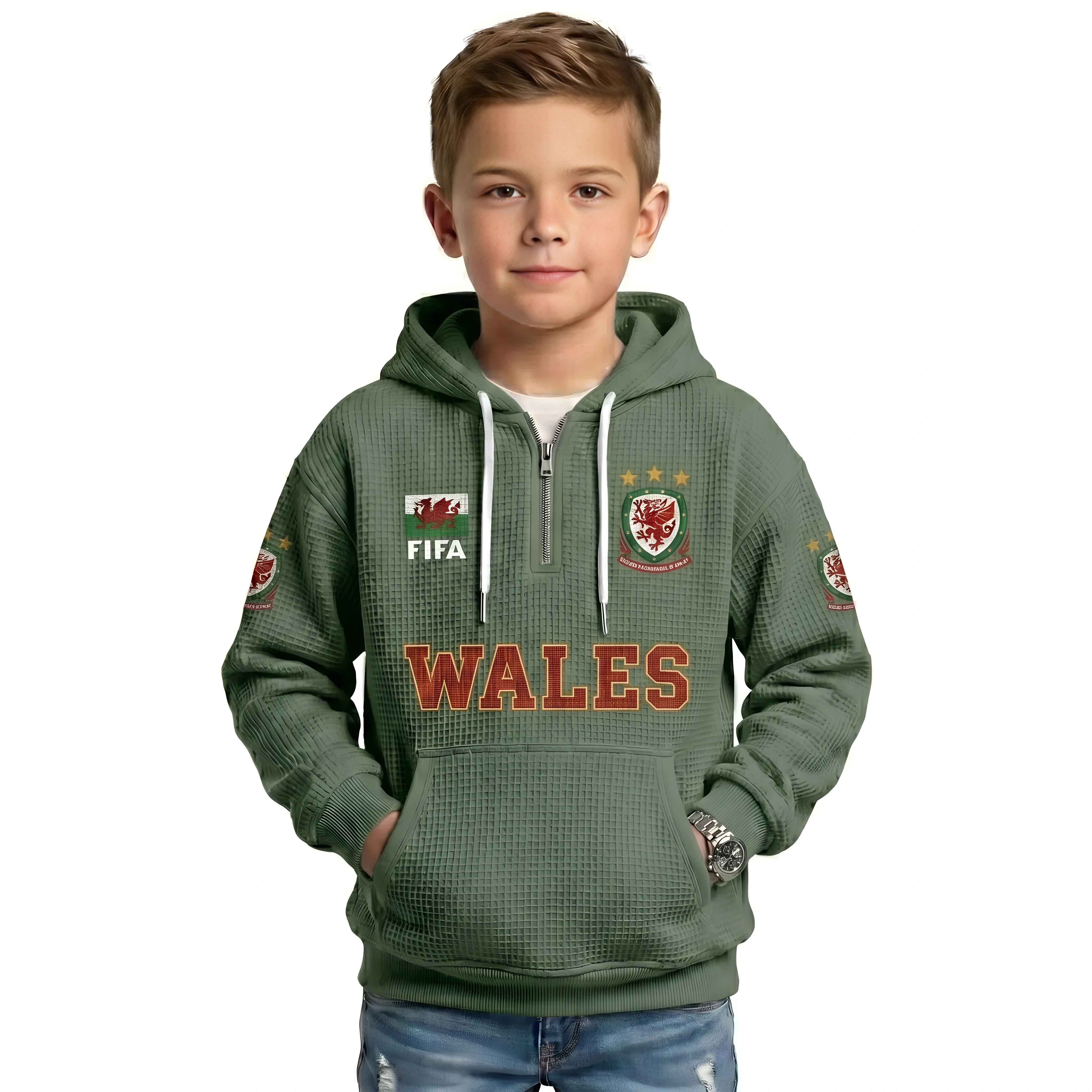 FIFA 2026 Wales Printed Waffle Quarter Zip Football Fan Hoodie For Kids