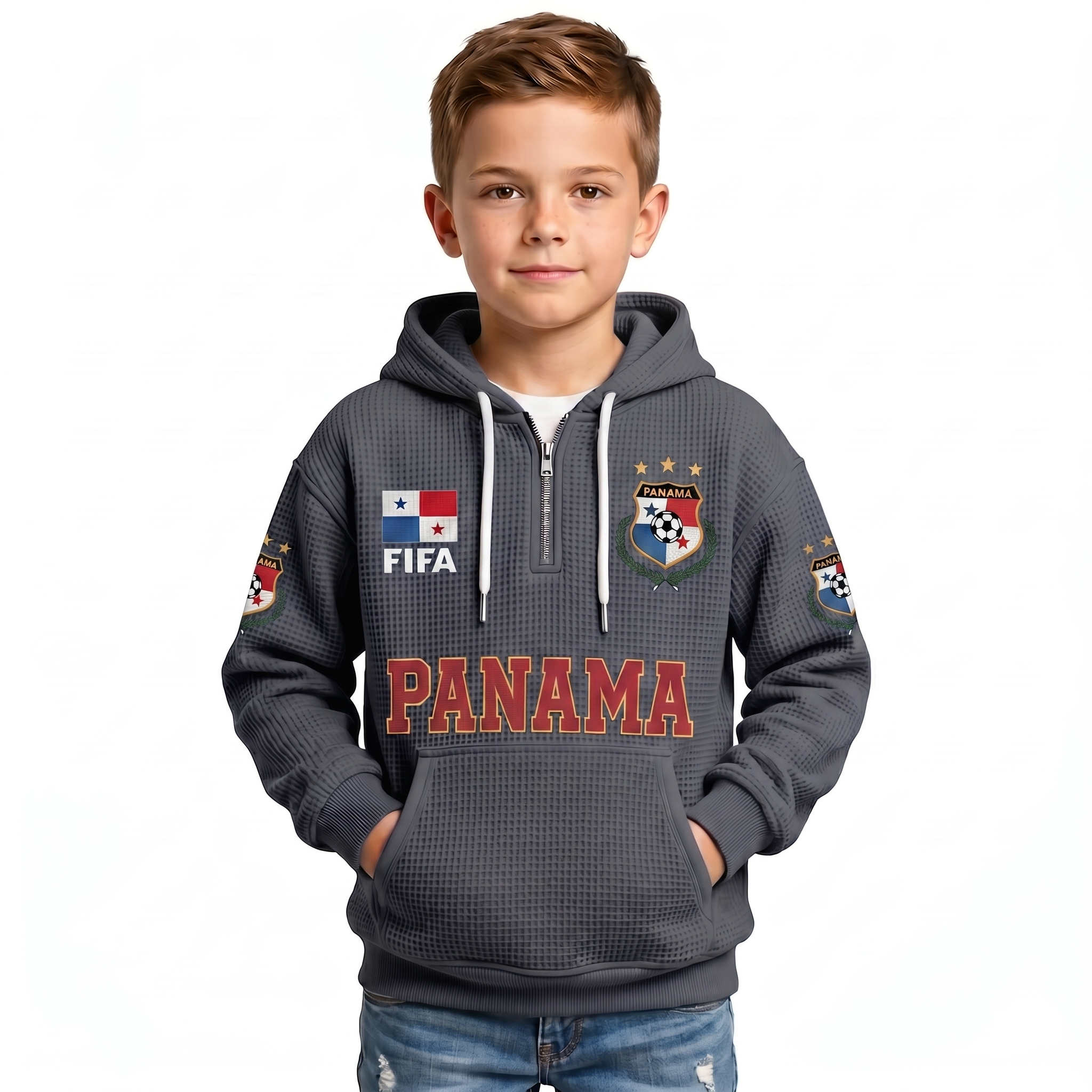 FIFA 2026 Panama Printed Waffle Quarter Zip Football Fan Hoodie For Kids
